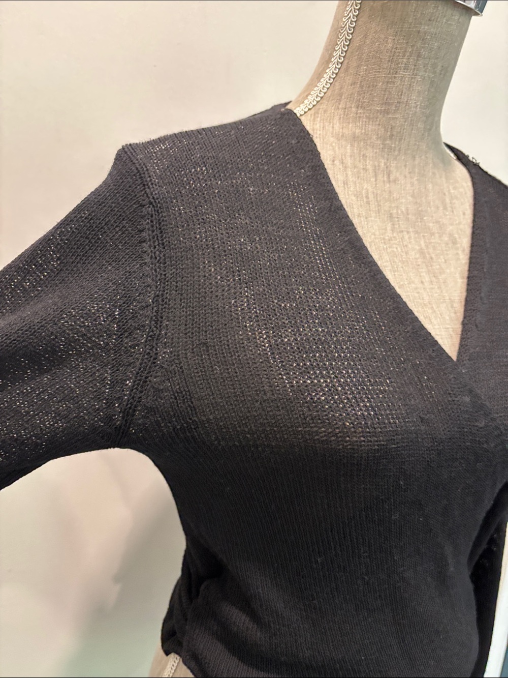 Eileen Fisher Black 100% Wool Tie Front Wrap Cardigan Size M Lightweight - Picture 8 of 16